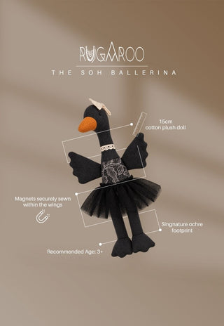 The SOH Ballerina, a 15cm cotton plush black swan doll by Rugaroo with magnets in the wings and a signature ochre footprint, ages 3+
