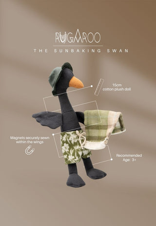 The Wetlands Ranger, a 15cm cotton plush black swan doll by Rugaroo with magnets in the wings, ages 3+
