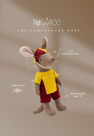 The Surf Rescuer / nippers, a 13cm cotton plush kangaroo doll by Rugaroo, magnet free, ages 3+