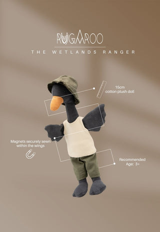 The Wetlands Ranger, a 15cm cotton plush black swan doll by Rugaroo with magnets in the wings, ages 3+