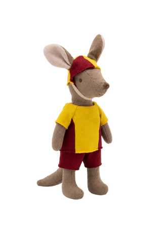 Sandy the Surf Rescuer Kangaroo miniature heirloom doll, red and yellow surf lifesaving uniform and cap, Rugaroo Australian animal doll