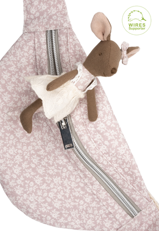 Close-up of a pink and white floral patterned sling bag with a brown plush kangaroo toy tucked into the zipper. A 'Wires Supporter' logo is visible in the top right corner.
