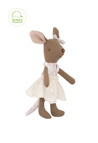 A plush kangaroo doll in brown fabric wearing a cream-colored dress, with a small pink bow on its head. The image is set against a plain white background with a green circular logo in the upper left corner that reads 'WIRES Supporter'.