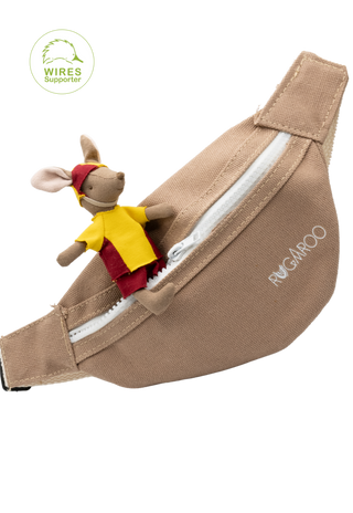 Sandy the Surf Rescuer Kangaroo miniature heirloom doll, red and yellow surf lifesaving uniform and cap, on a brown bumbag - Rugaroo Australian animal doll 