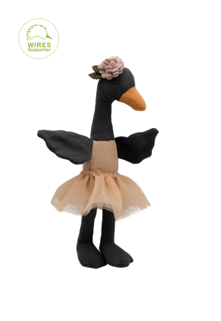 Wattle the Bush Florist, miniature heirloom black swan plush doll in pink tulle with wattle flower crown, Rugaroo Australian toy
