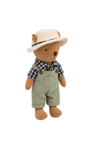 Wazza the Cockie Wombat miniature heirloom doll, green overalls, blue check shirt and cream felt hat, Rugaroo Australian animal doll
