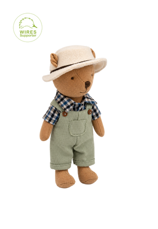 Wazza the Cockie Wombat miniature heirloom doll, green overalls, blue check shirt and cream felt hat, Rugaroo Australian animal doll